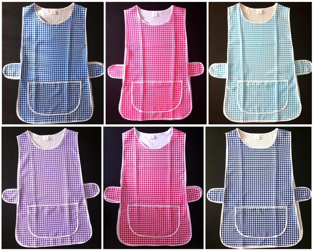 NEW LADIES CHECKED FRONT POCKET SIDE BUTTON OVERALL TABARD APRON 6 COLOURS