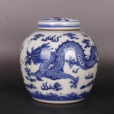 Chinese Qing Kangxi Blue and White Porcelain Pot Dragon Pattern Tea Caddy 7.5"