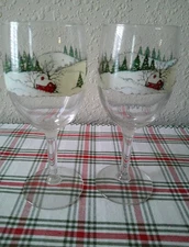 2 Vint Unmarked Hand Painted Christmas Scene 7" Wine Glasses