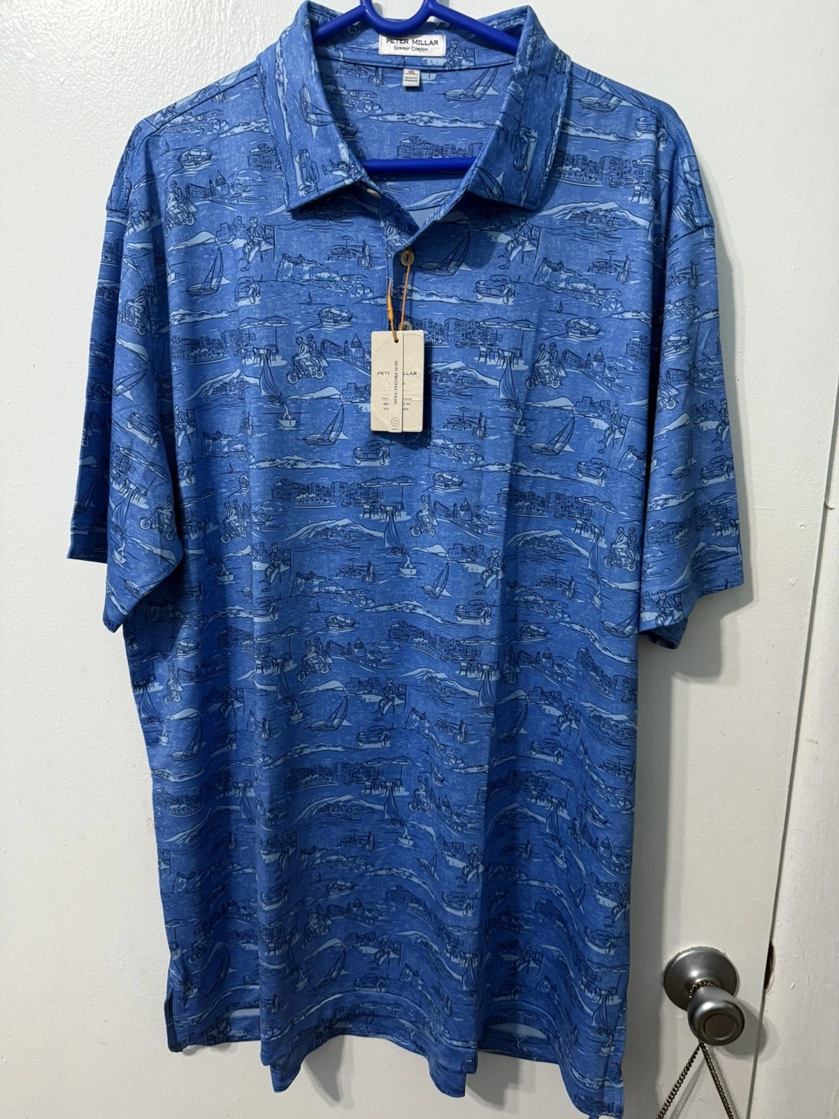 Peter Millar Golf Shirt Polo Summer Comfort Italian Escape Print XL Blue $110