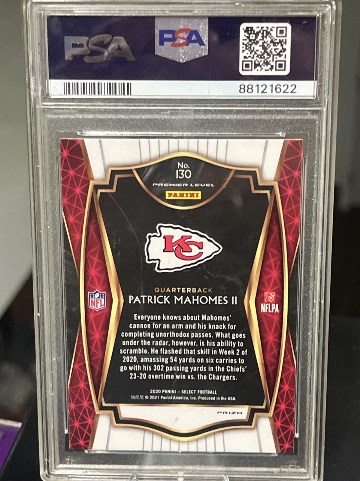 2020 Panini Select #130 Patrick Mahomes Premier Prizm Silver PSA 9 view 2