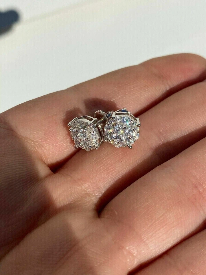 2Ct Round Cut Moissanite Cluster Stud Earring 14k White Gold Plated 925 Siver - Image 4 of 4