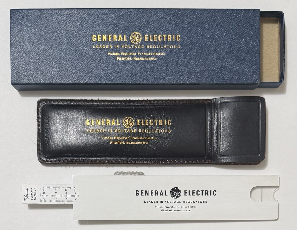 A Danish-made GE-branded Diwa 601 slide rule with leather case and original box — an unexpected international relic from the analog computing age.