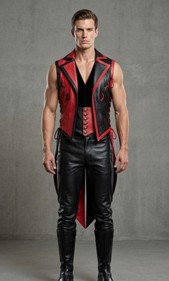 Herren Echt Leder Steampunk Gothic Frack schwarz und rot