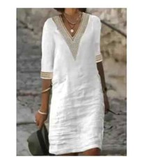 Women Cotton Linen Mini Dresses Summer Fashion Retro Solid V Neck Loose Dress