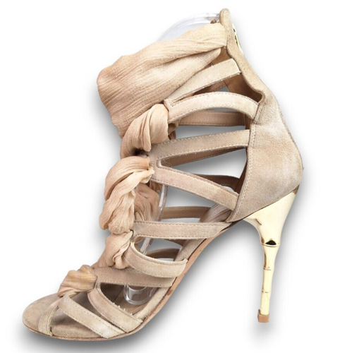 BALMAIN Nude Suede Stilettos Silk Scarf Laces Bamboo Gold Tone Heels 37 EU VERY - Imagen 15 de 17