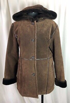 Wilson’s Leather Suede Leather Hooded Jacket Faux Fur Womens Brown