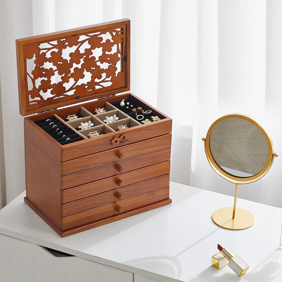 6 Layer Large Jewellery Box Vintage Wooden Storage Drawer Cabinet Case Organizer - Image 2 of 4