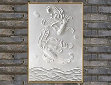 Original oil painting, koi fish painting,3D painting,Heavy texture,framed