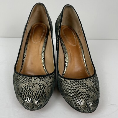 Corso Como Women's Heels Black & Metallic Gold Lace Print Leather Shoes Sz 7