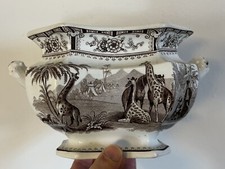 Antique 19th c. English Ridgway Giraffe Brown Transferware Pottery Sugar Bowl
