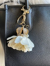 Ivory White Flower Bag Charm Keychain Key Fob Metal Bling Charm Keyring Gold