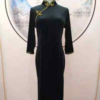 Elegant Damen Samt Langes Kleid Traditionell Asiatisch Slim Cheongsam Qipao Prom