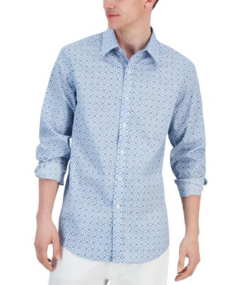 Club Room Men's Collar Printed Button-Down Blue Shirt Small