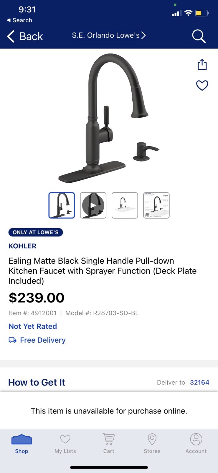 Kohler Ealing Matte Black Single handle PullDown Kitchen Faucet w