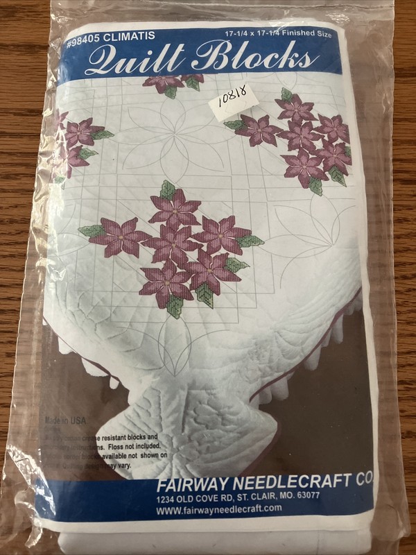 FAIRWAY NEEDLECRAFT CROSS STITCH 17-1/4" CLEMATIS QUILT BLOCKS PACK OF 6 #98405