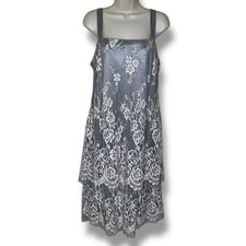 R M Richards Silver Cream Lace Tiered Dress Satin Ribbon Straps Lined Women 16