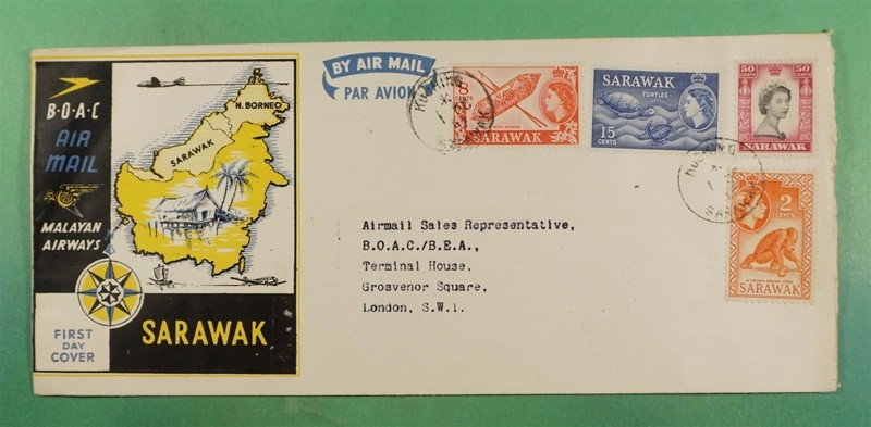 DR WHO 1957 SARAWAK FDC COMBO FIRST FLIGHT? BOAC TO LONDON ENGLAND R35127