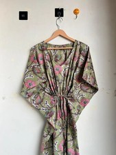 Green Floral Kaftan Indian Cotton Bath Dress Women's Fashionable Clothing Kaftan