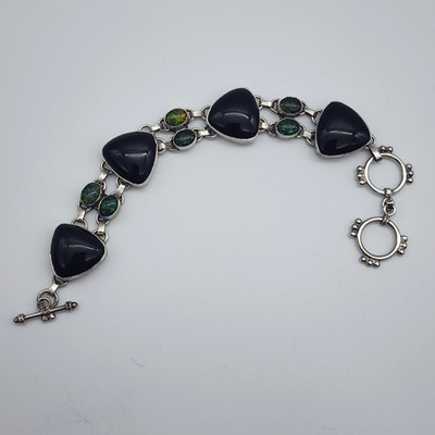 Black Glass Faux Opal Tribal Style Sterling Silver Toggle Bracelet 6.5'' / 7.6''