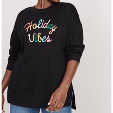 Old Navy Black Embroidered "Holiday Vibes" Tunic Sweatshirt Size Large