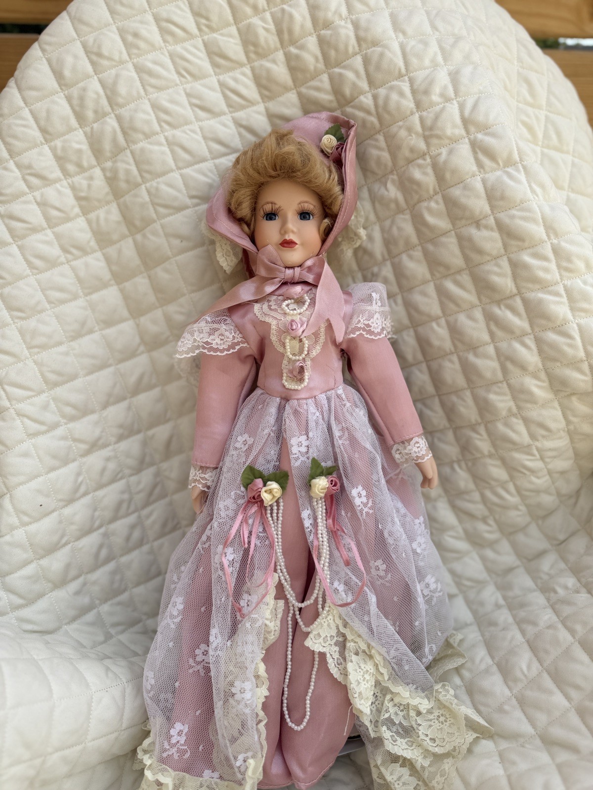 Porcelain Blonde Girl Doll in Pink Victorian Dress and Hat