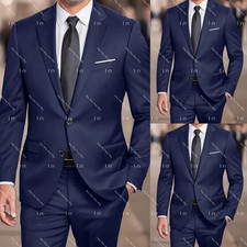Business Formal Men's Suit for Work Tuxedo Jacket Office Tailored 2Pcs Navy Blue