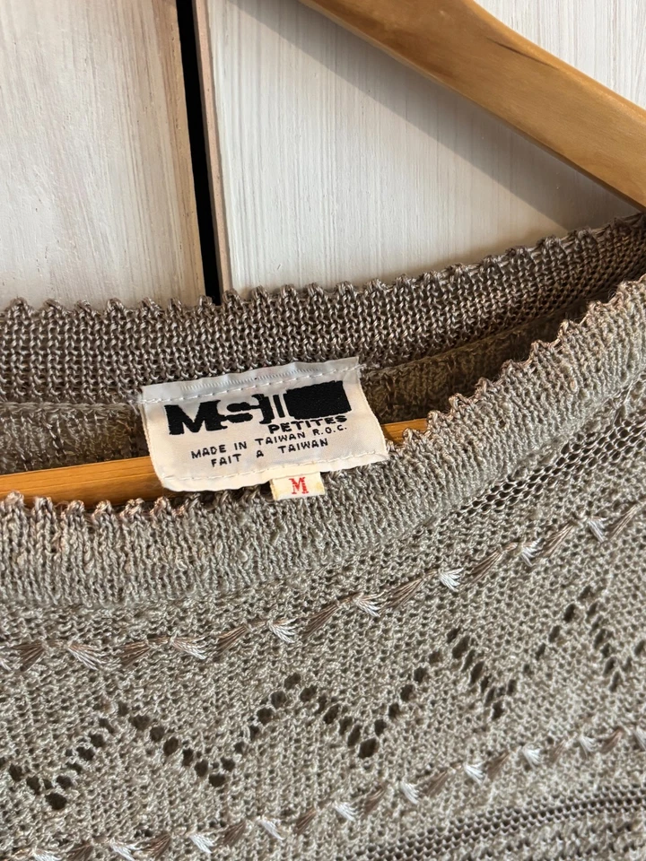 Vintage 80s MSII Taiwan Beige Knit Crochet Sheer Midi Sweater Dress Unlined XSP - Image 4 of 4