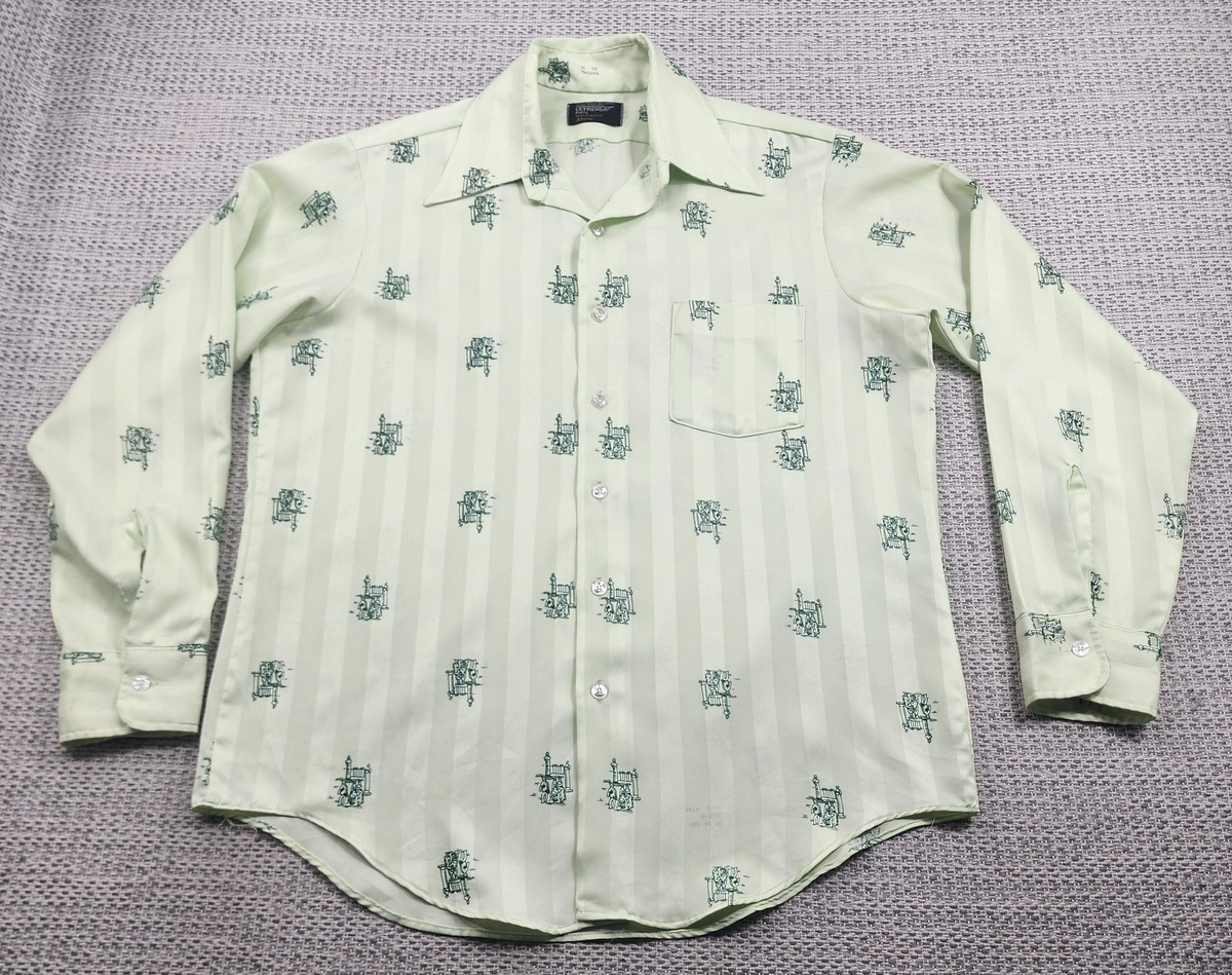 VINTAGE JCPenney Ultressa Shirt Mens 16 34 Green Polyester Print 70s Disco  | eBay