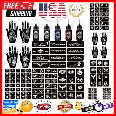 Henna tattoo kit Temporary Tattoo Kits 5 cones 96 Stencils Gifts for DIY Art ...