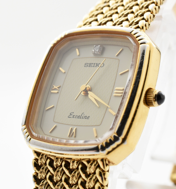 Vintage 1983 [Exc+5] Seiko Exceline 7321-6600 Gold Ivory Square QZ