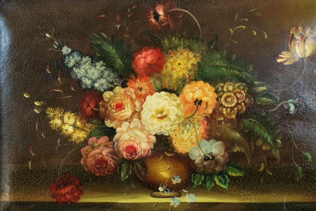 Peinture Flamande - Vase De Fleurs - Style Ancien, Toile De Jute Craquelée