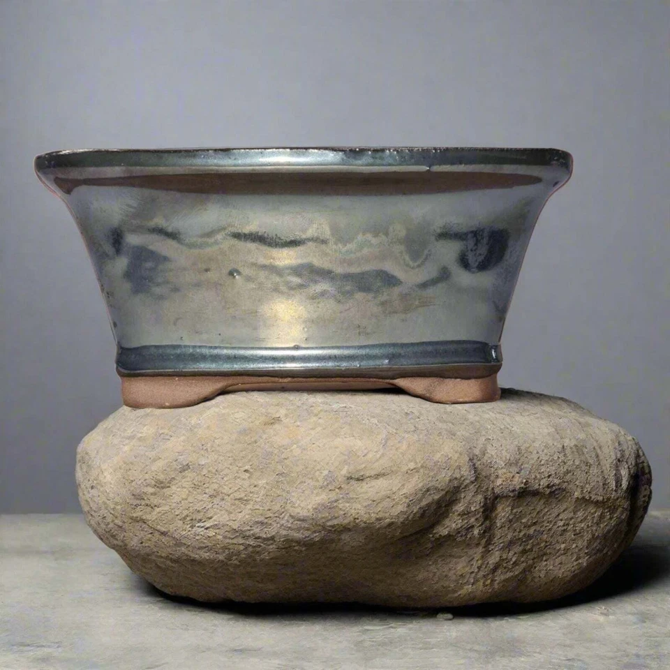 YORKSHIRE BONSAI 16cm Glazed Bonsai Pot | Rectangle | 16cm x 13cm x 6cm | Silver