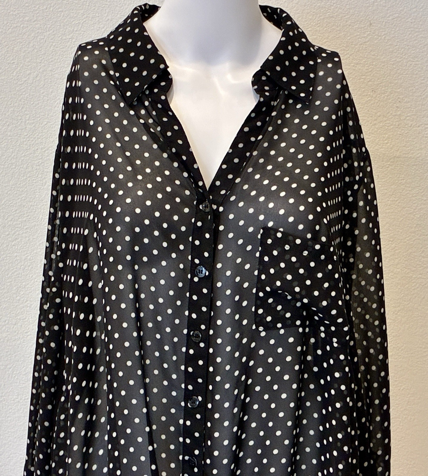 Cato Sheer Polka Dot Button Up Top Plus Size 22/24 Black White Tie Front  Career