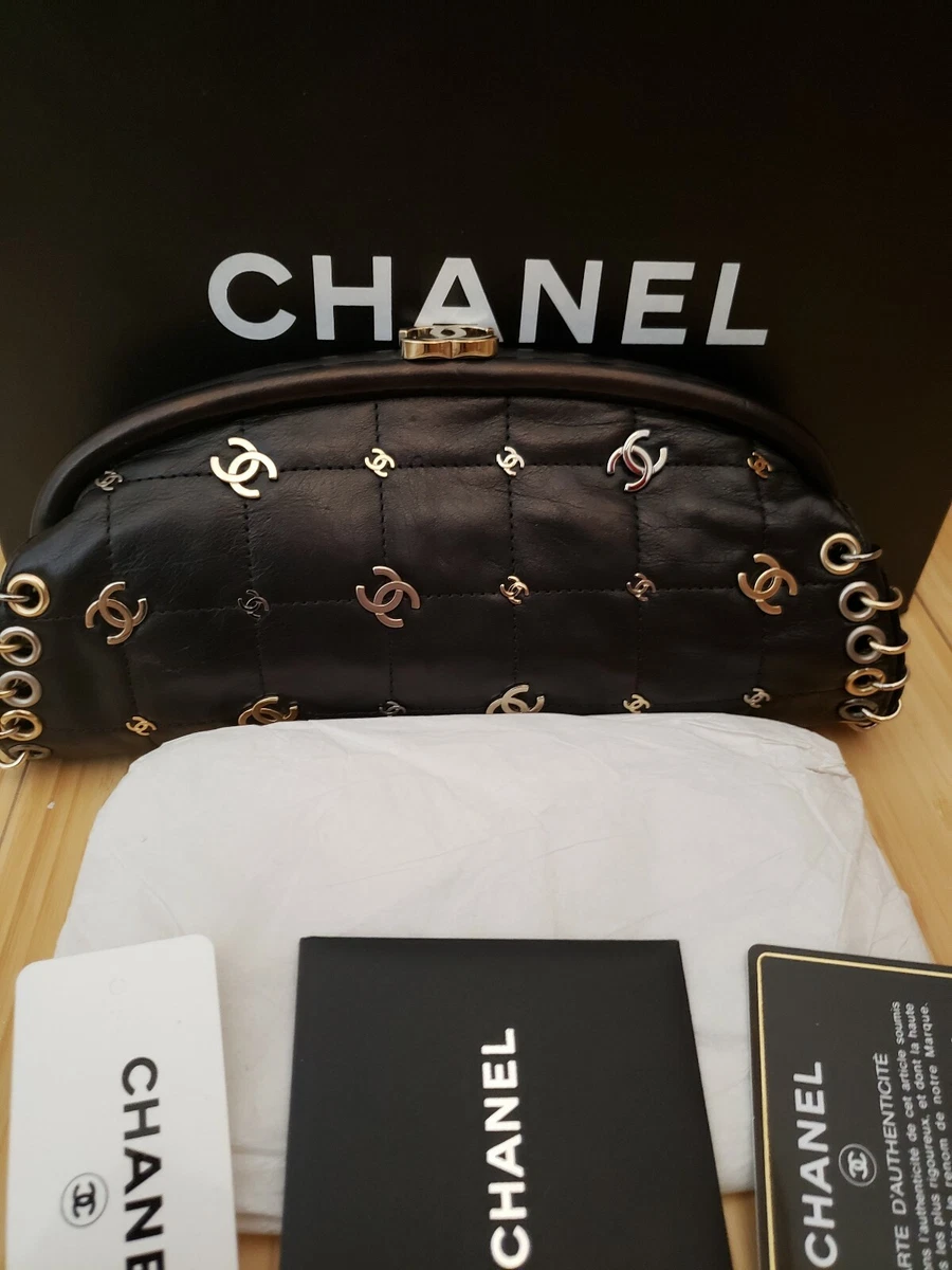 CHANEL VINTAGE CC BLACK SILK QUILTED BOX FRAMED BAG