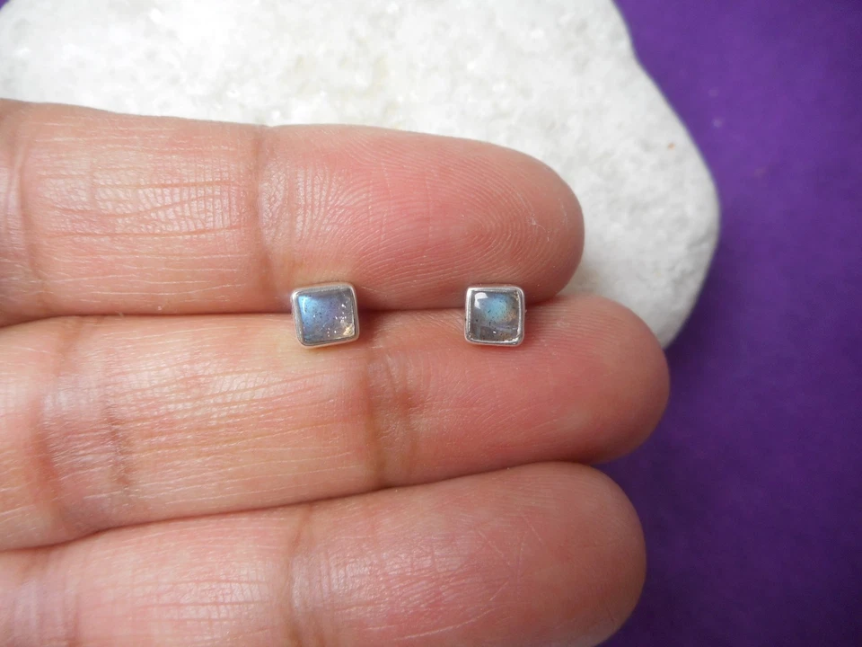 Square Labradorite Sterling Silver 925 Gemstone Stud Earrings - 4 mm - Image 4 of 4