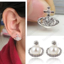 CLIP ON CRYSTAL EARRINGS orb RHINESTONE PEARL silver tone PLANET fashion clips