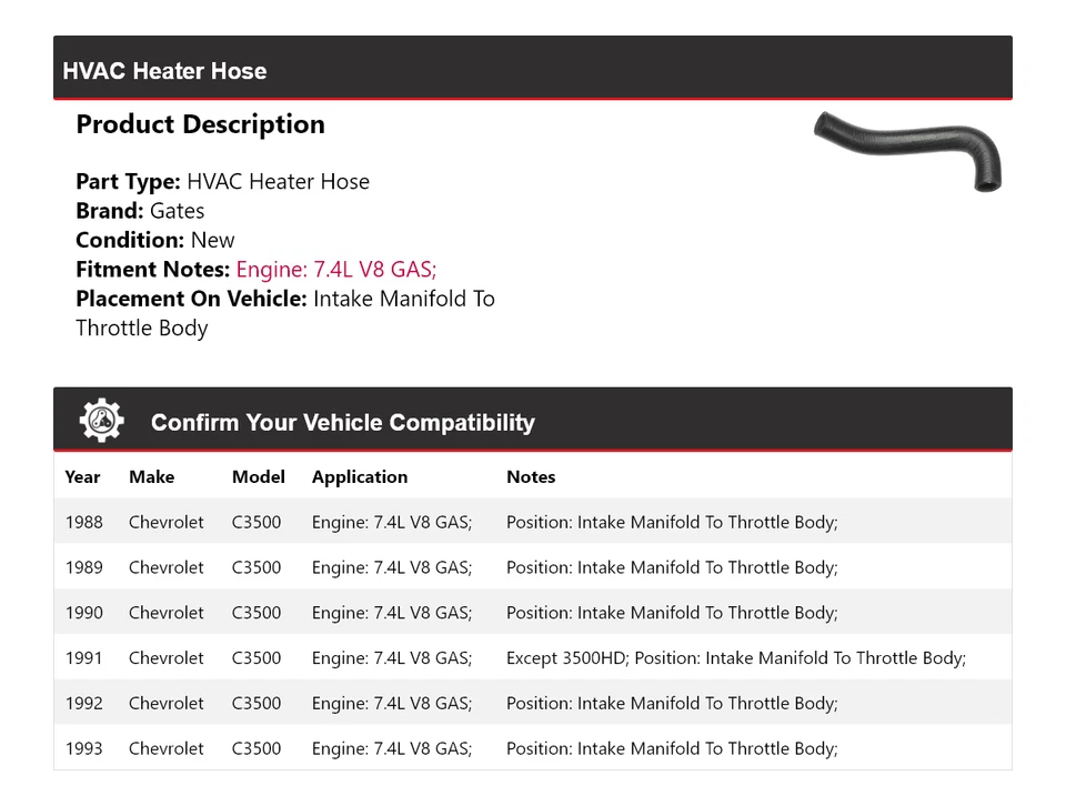 Puertas de manguera de calefacción para Chevrolet C3500 1988-1993 1989 1990 1991 1992 Foto 2 de 4