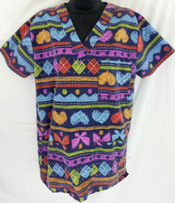 Just Love Womens S Scrubs Top Heart Diamond Geometric Pattern Multi Colored EUC