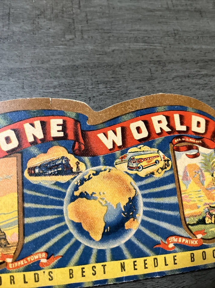 Antiguo soporte de aguja publicitaria de cartón One World "Mejores agujas de ojos dorados" Foto 4 de 4