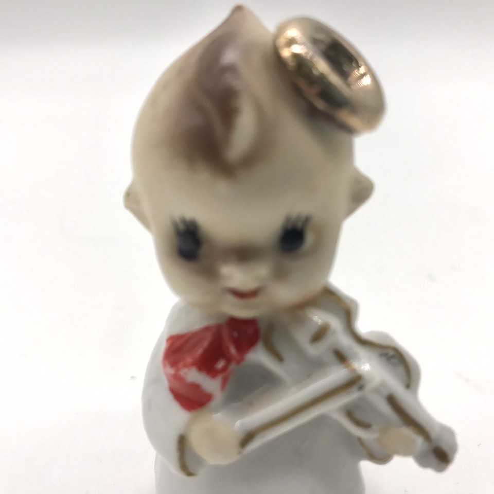 Vtg Red Japan Mark Porcelain Christmas Boy Angel Playing Violin Pixie