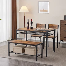 4-Piece Dining Table Set – Rustic Brown Table with 2 Chairs & Storage Bench, Spa