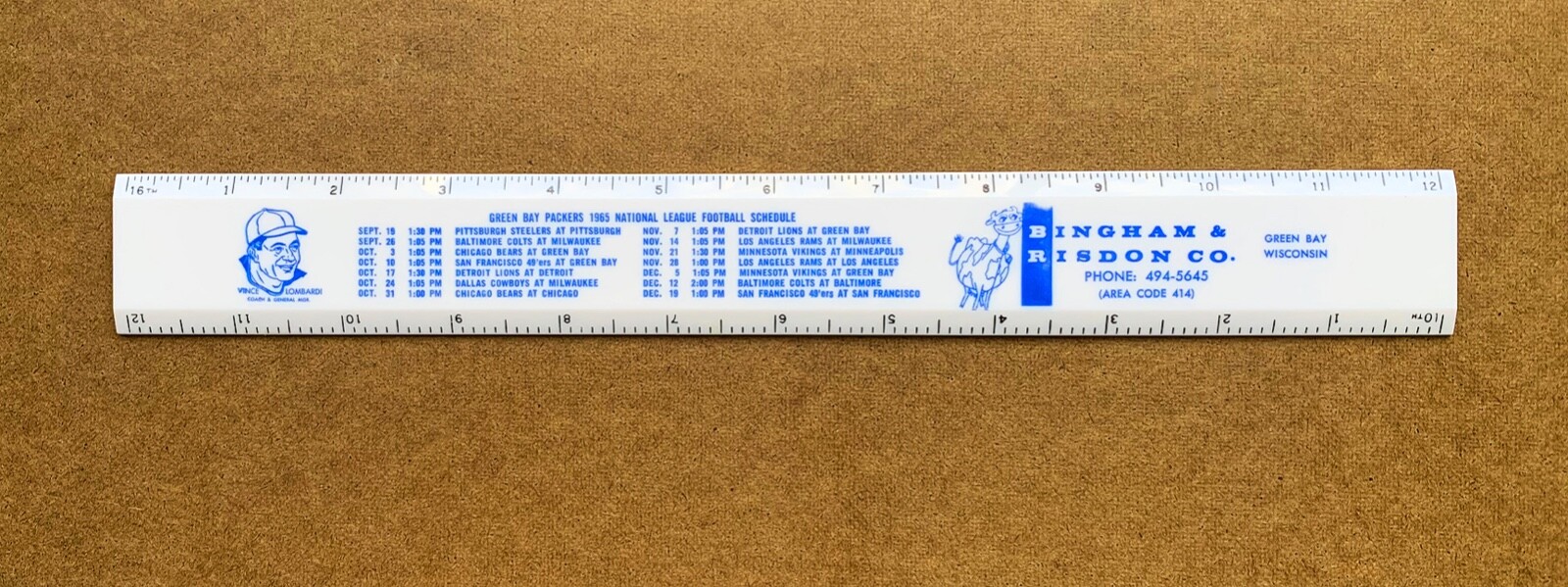 Vintage 1965 Green Bay Packers NFL Football Schedule Ruler! Vince Lombardi HOF