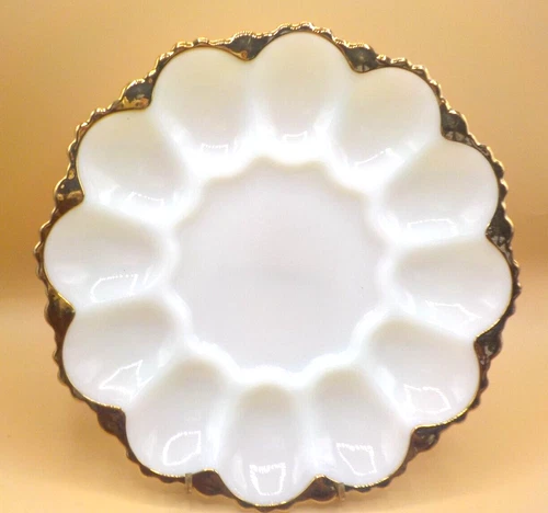 Vintage White Milk Glass Deviled  Egg Plate Tray Dish Gold Trim 10"