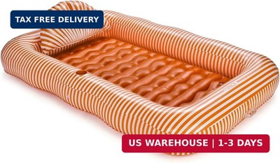 FUNBOY Tanning Pool Lounger Float Orange Stripe, XL 72'' x 48'' with Pillow and La