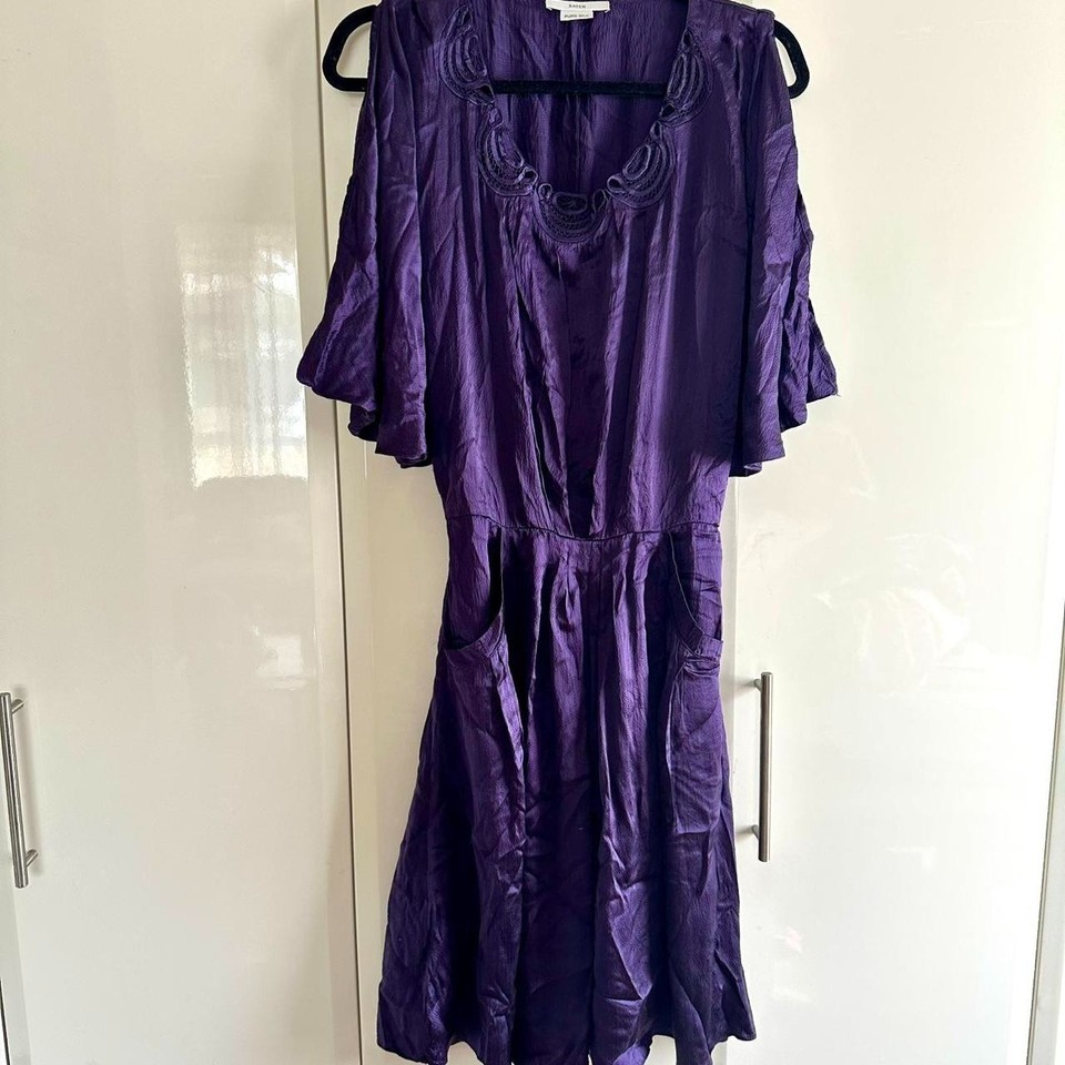 Satch Pure Silk Purple Pocket Dress XS Embellished Boho Shift Mini Tunic Relaxed