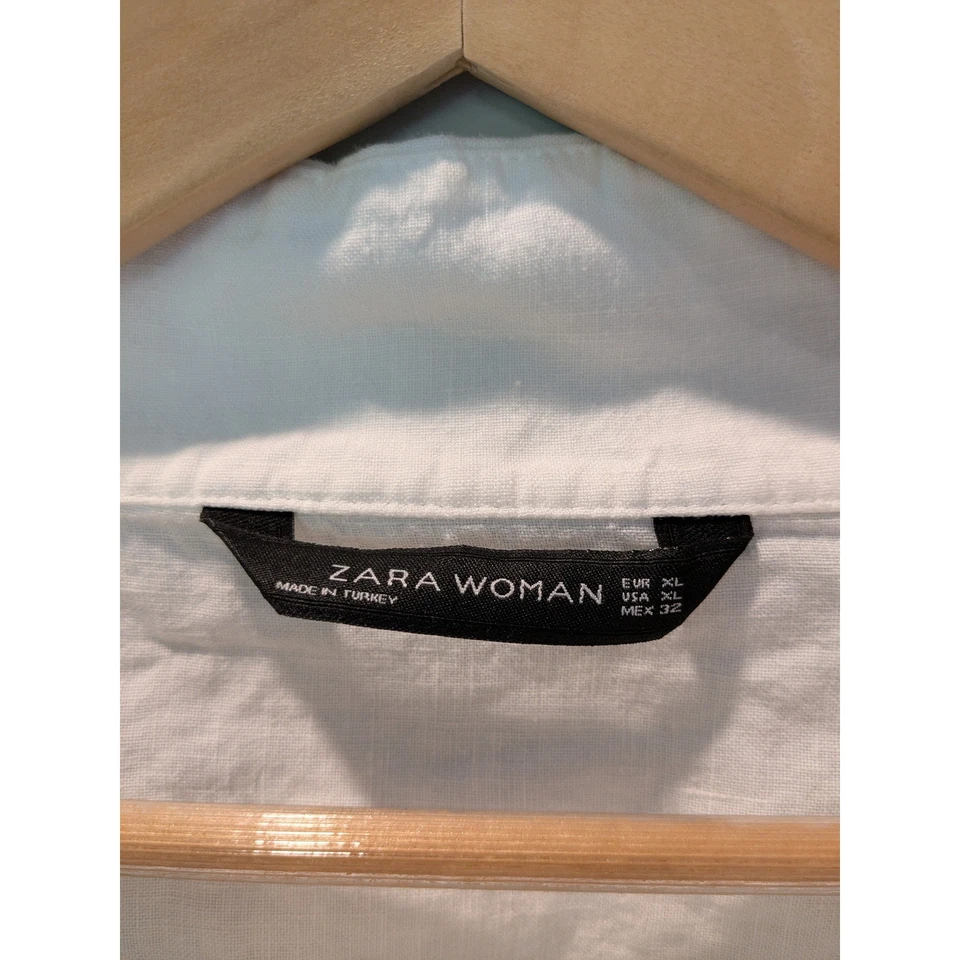 Zara Woman White Linen Blend Tunic Top Mock Neck Button Detail XL Lagenlook Top - Image 2 of 4