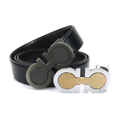 Auth Salvatore Ferragamo Gancini ceinture cuir noir/métal - e61080j - Photo 1/4