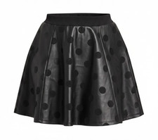Justice Girls Black Faux Leather Polka Dot Skater Skirt Size 18 Flocked Flared