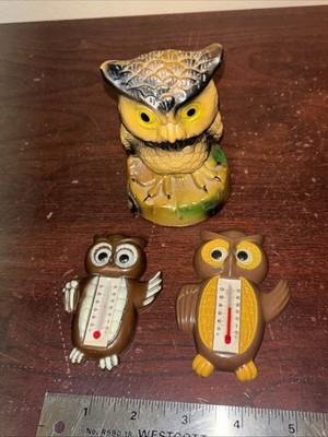 Vtg 3 pc: Owl Coin Bank 4'' Tall Plastic; Plus (2) 3'' Owl Thermometers; Hong Kong